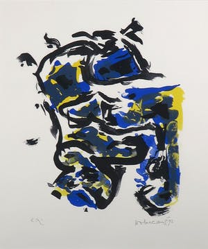 Theo Wolvecamp - Zeefdruk, Compositie met zwart, geel en blauw - Ingelijst kopen? Bied vanaf 200!