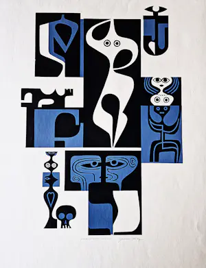 Jaroslav Svab - bekend Tsjechisch graficus - 1967 - kleuren linosnede "Orchestrion" potloodges. kopen? Bied vanaf 38!