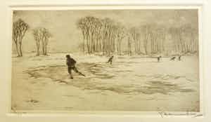 Johan Hemkes - Wintergezicht met schaatsers op het ijs. verkocht voor € 25!