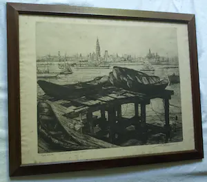 Toon Pluymers - Ingelijste ets , Gezicht op Antwerpen – Lijst, 56 x 71 cm. kopen? Bied vanaf 1!