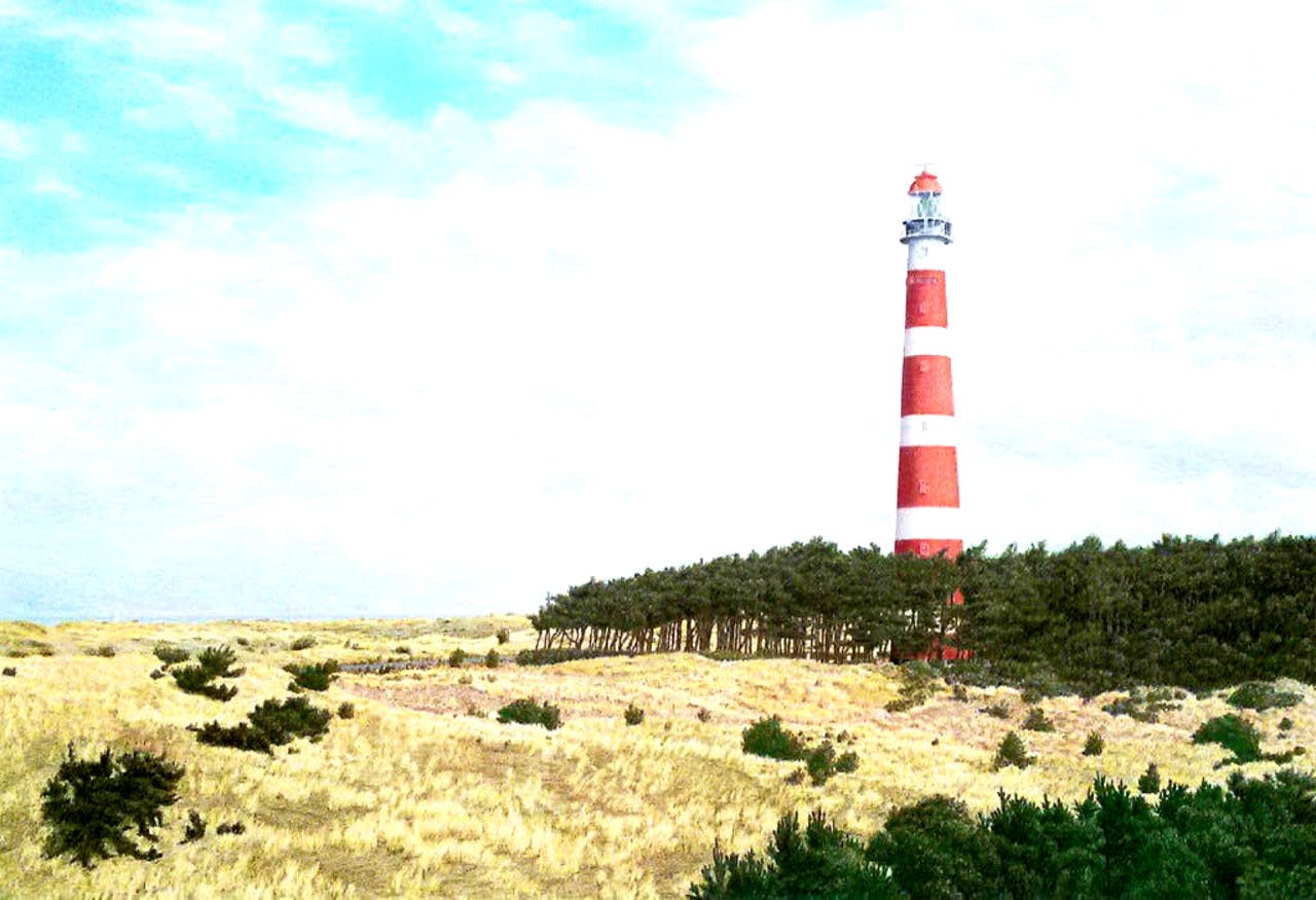 Frans Room - - De vuurtoren Bornrif op Ameland - Litho. Gesigneerd en ingelijst. 2001. verkocht voor € 109!