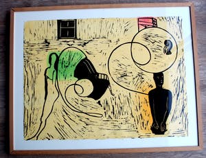 Jasper Krabbe - ingelijste , met de hand ingekleurde lino: in de huiskamer - 1996 kopen? Bied vanaf 250!