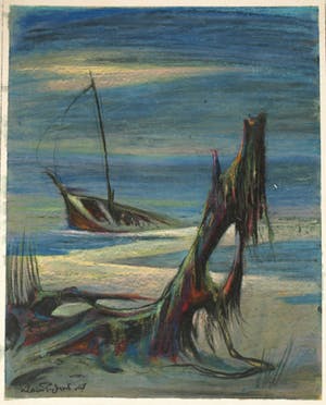 Klaas Pijlman - Oliepastelkrijt op papier , “Gezonken op het strand” – gesigneerd – 1967 kopen? Bied vanaf 10!