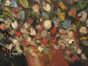 Niet of onleesbaar gesigneerd - Ovaal ingelijst , Olieverf op doek , Bloemstilleven – ca. 1950 kopen? Bied vanaf 1!