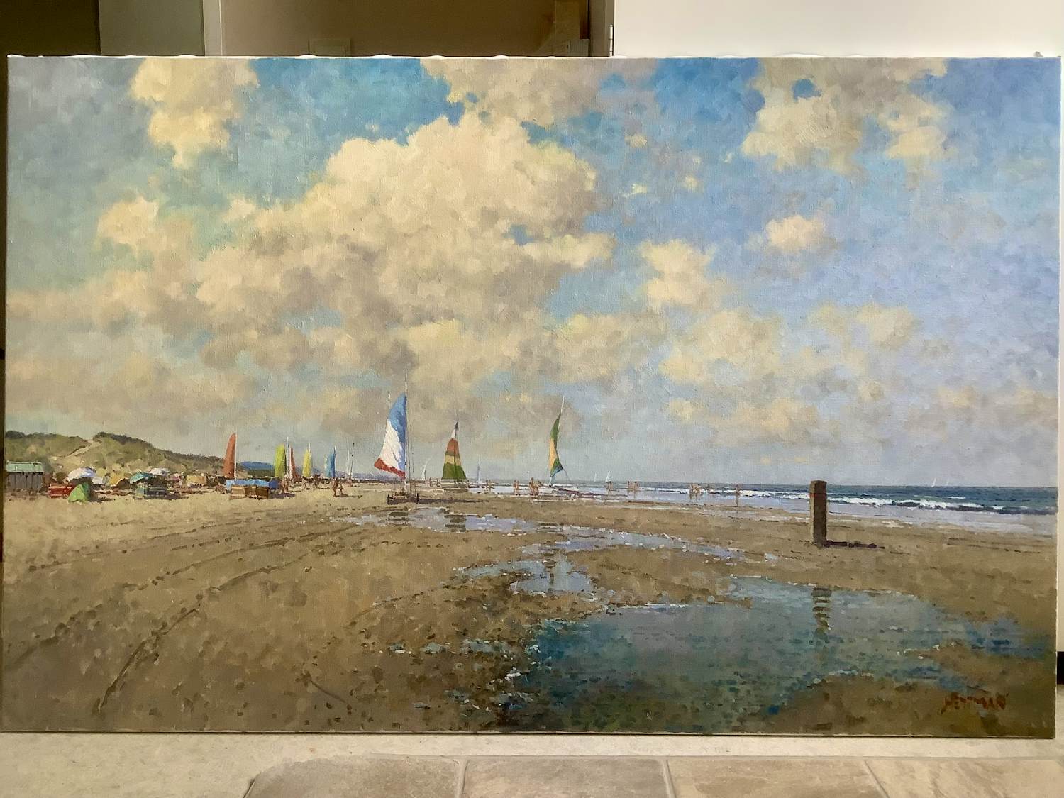 Willem Heytman - Zonnig strandgezicht met zeilbootjes kopen? Bied vanaf 750!