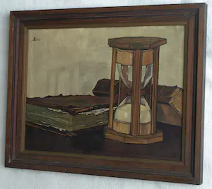 Jo Lodeizen - Olieverf op paneel, Stilleven met boeken en zandloper – 1931 kopen? Bied vanaf 1!