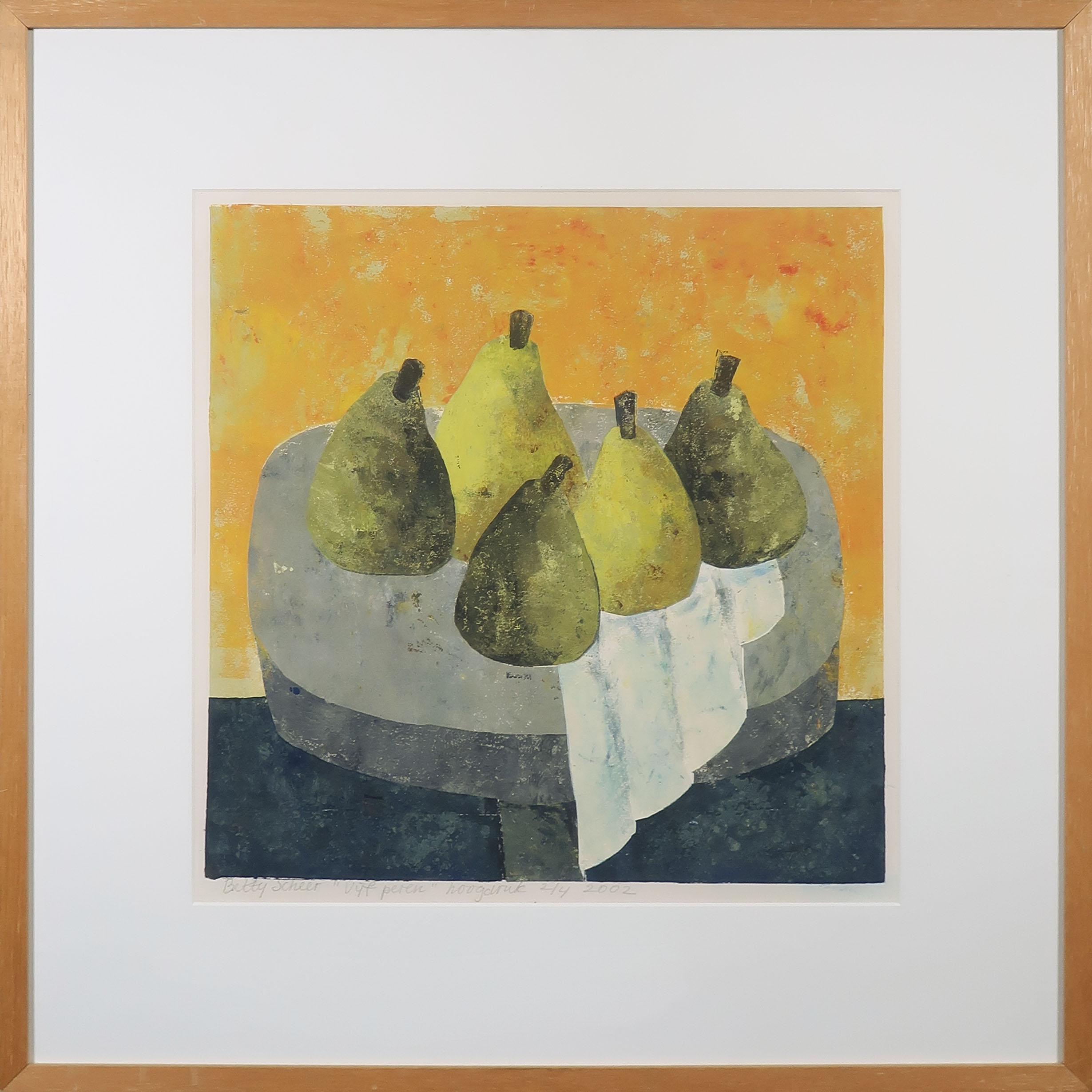 Betty Scheer - Linosnede, Vijf peren - Ingelijst kopen? Bied vanaf 40!