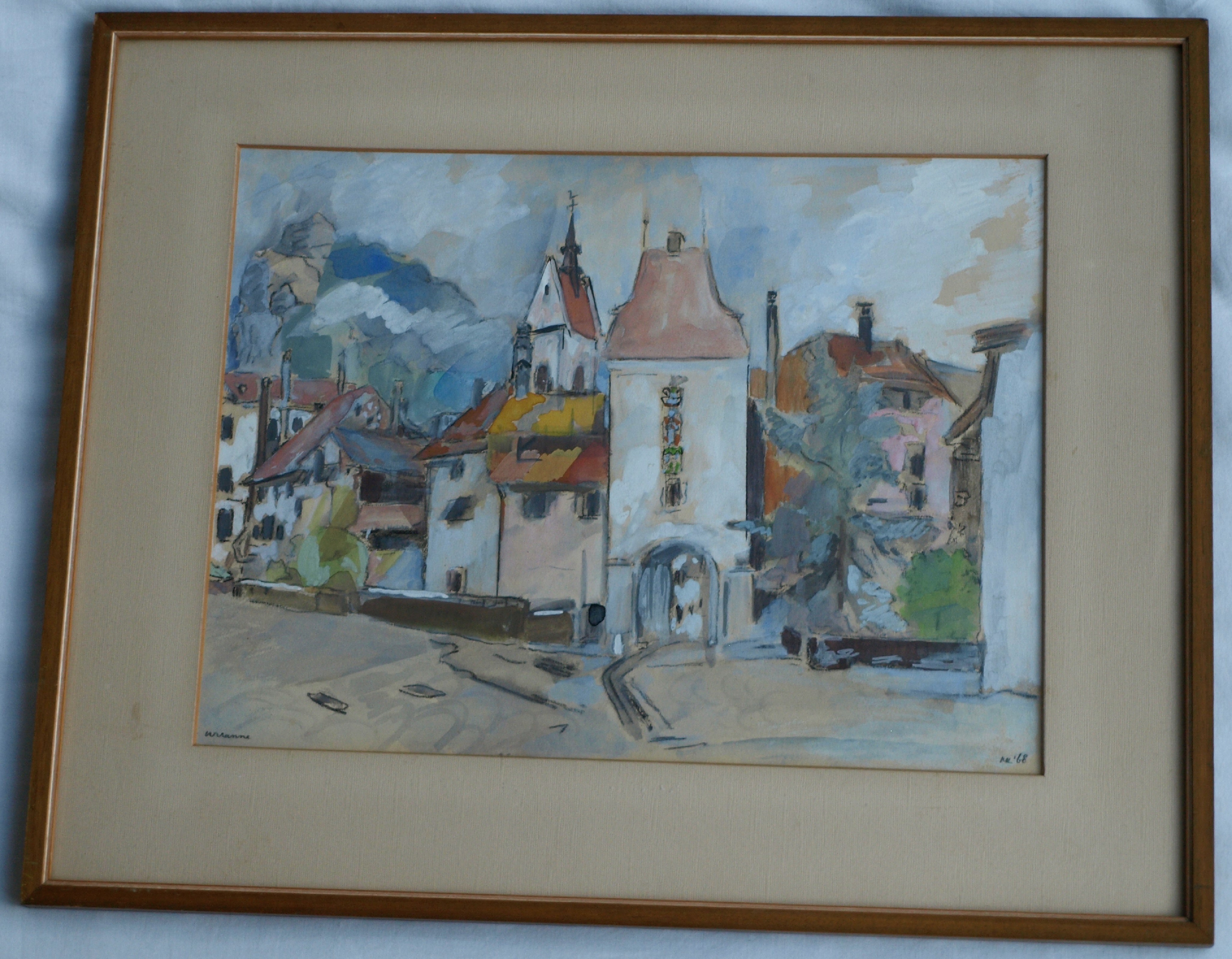Niet of onleesbaar gesigneerd - Gemengde techniek , Dorpsgezicht – gesigneerd & ingelijst - 1968 kopen? Bied vanaf 1!