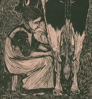Jan Mankes - ** Prijs verlaagd** Handgesigneerde houtsnede Koemelkster 1914 op oudroze papier kopen? Bied vanaf 160!