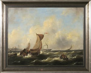 Govert van Emmerik - Olieverf op doek, Schepen op woelige zee bij Dordrecht - Ingelijst kopen? Bied vanaf 500!