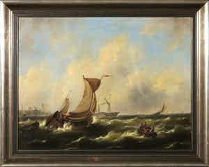Govert van Emmerik - Olieverf op doek, Schepen op woelige zee bij Dordrecht - Ingelijst verkocht voor € 500!