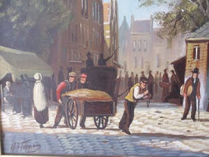 H.J Topman - Olieverfschilderij van een vroeg Hollands straatbeeld met mensen en gebouwen. kopen? Bied vanaf 35!