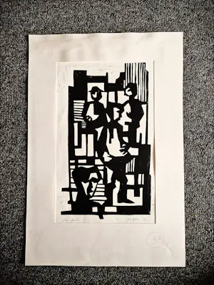 Jelle Otter - Groninger kunstenaar en graficus - linosnede "mannen" - eigen druk - 1964 kopen? Bied vanaf 38!