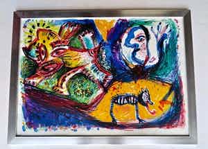 Rik van Iersel - Abstract in Cobra-stijl - in zilverkleurige brede aluminium lijst verkocht voor € 29!