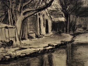 Johannes de Munck - Grote houtskooltekening "huizen aan water" gesigneerd - ingelijst. kopen? Bied vanaf 29!