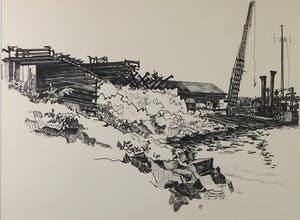 Rinus van der Neut - Inkttekening, Opslagwerf Werkendam - Ingelijst kopen? Bied vanaf 50!