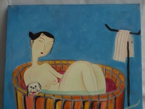 Niet of onleesbaar gesigneerd - 2x Acrylverf op doek, “Japanse (?) vrouw met hond en kat” kopen? Bied vanaf 1!