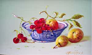Thomas Heesakkers - Stilleven chinees schaaltje met kersen en appeltjes verkocht voor € 125!