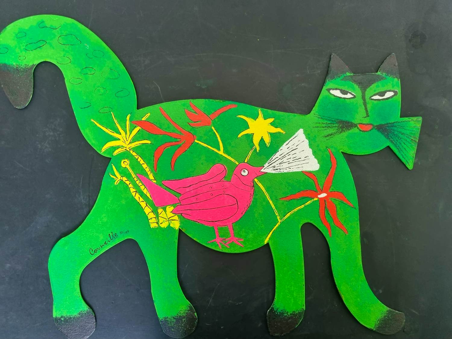 Corneille - Metalen sculptuur Groene kat met vogel / Chat Vert Avec Oiseau kopen? Bied vanaf 525!