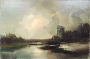 Niet of onleesbaar gesigneerd - Landschap met Molen - Olieverf verkocht voor € 1!