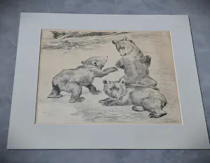 Cornelis Jan Mension - monochrome Ets op papier "spelende beertjes" - potloodgesigneerd kopen? Bied vanaf 32!