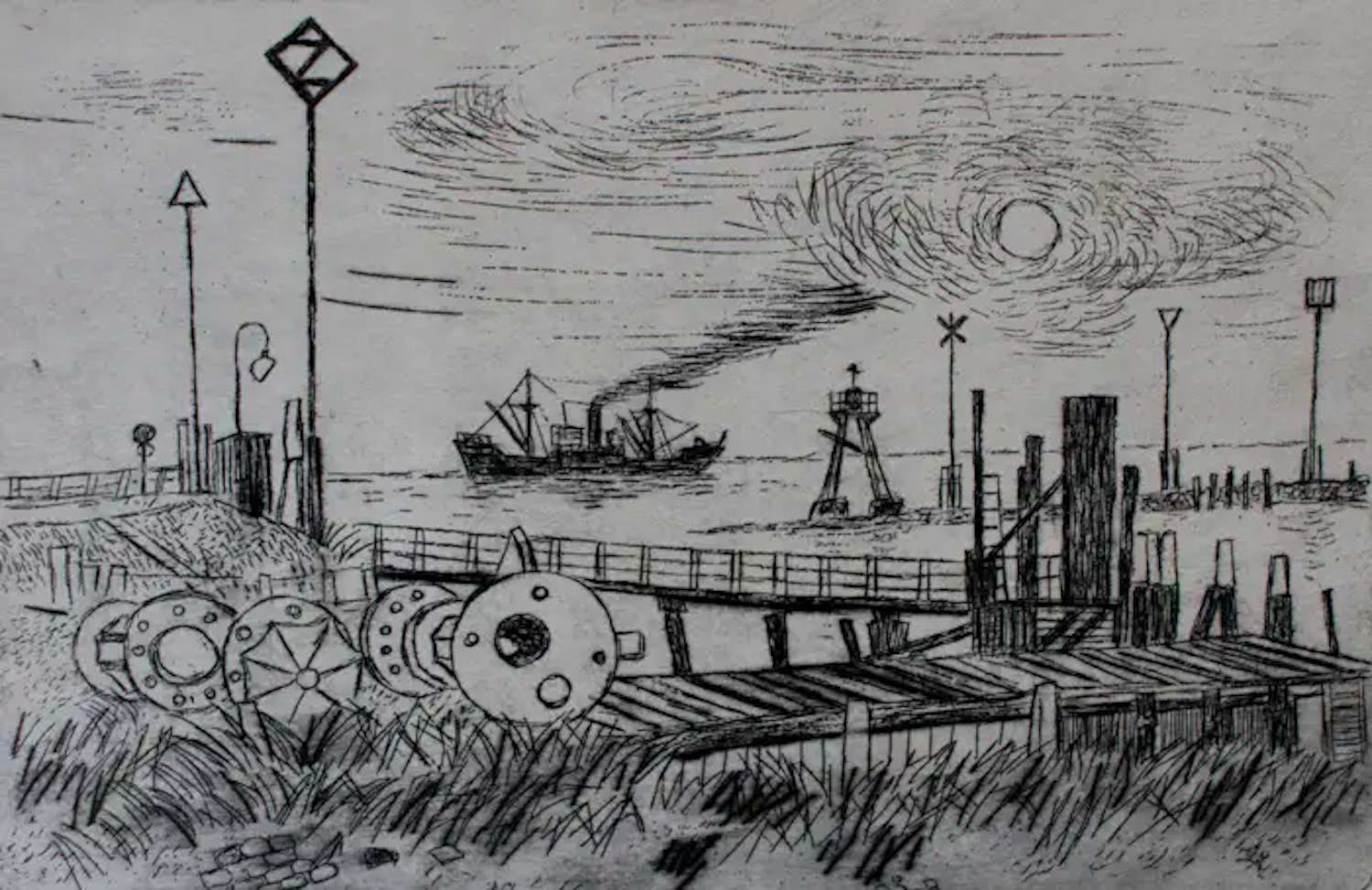 Jos van den Berg - Ets: Aanlegsteiger IJmuiden- 1965 kopen? Bied vanaf 39!