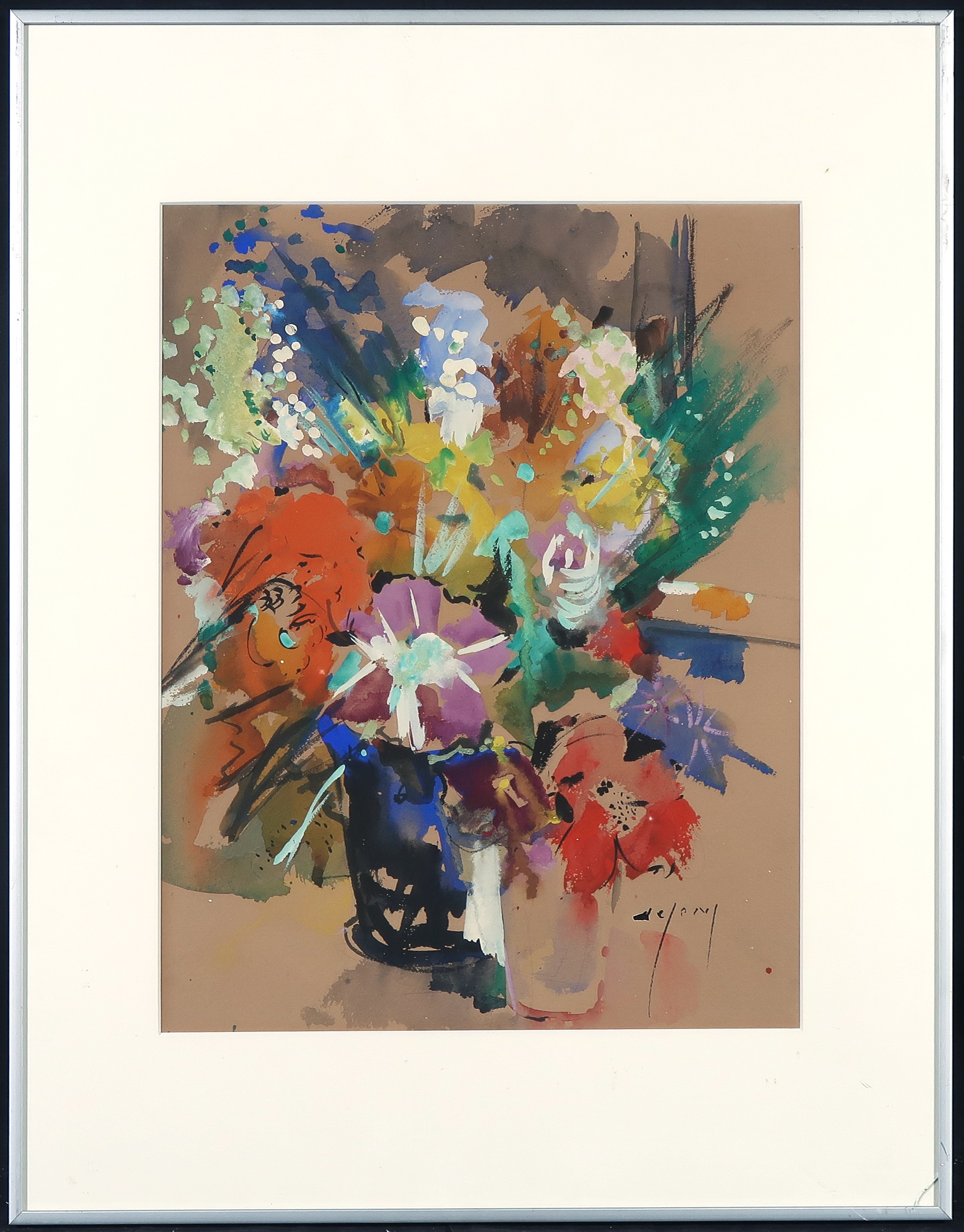 Fedde de Jong - Gouache, Bloemstilleven - Ingelijst verkocht voor € 1!