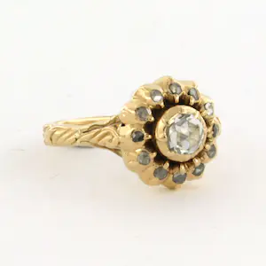 14k geel gouden entourage ring bezet met roos geslepen diamant tot. 0.40ct kopen? Bied vanaf 410!