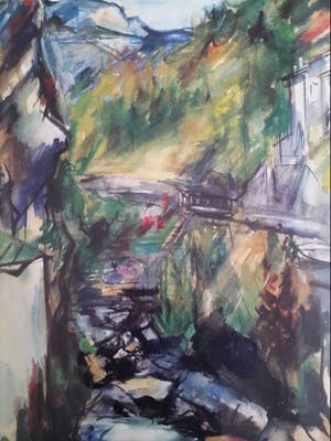 Bob ten Hoope - Kleurrijk bergland met vallei en huizen. kopen? Bied vanaf 150!