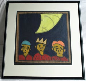 Bart Drost - Ingelijst, acryl op bitumenpapier (pakpapier) , Kijken naar de Maan - 1991 kopen? Bied vanaf 50!