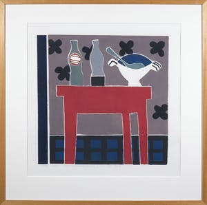 Betty Scheer - Linosnede, Rode tafel met flessen - Ingelijst kopen? Bied vanaf 80!
