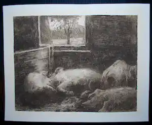 Eduard Karsen - in de varkensstal - ets uit 1892, in zeer goede staat vendu pour 75€ !