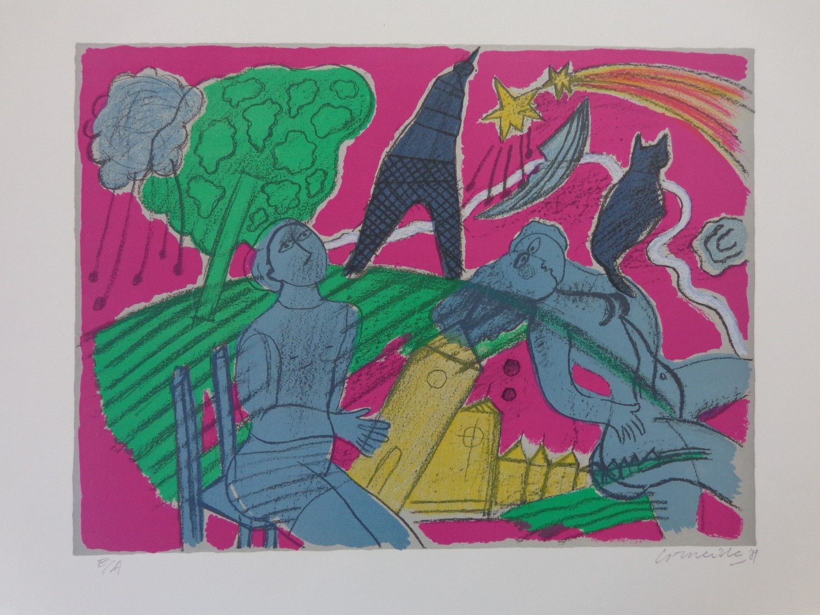 Corneille - BLAUWE FIGUREN / KLEURZEEFDRUK / 54x73cm / SIG / 1989 verkocht voor € 125!