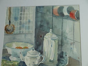 Selma Berkelaar - Grote ingelijste aquarel , “Keukeninterieur” – 88 x 63 cm – ca 1975 kopen? Bied vanaf 90!