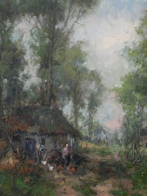 Theodorus van Oorschot - Olieverf op doek , Boerin met kippen – ingelijst – 98 x 78 cm kopen? Bied vanaf 1!