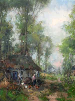 Theodorus van Oorschot - Olieverf op doek , Boerin met kippen – ingelijst – 98 x 78 cm verkocht voor € 1!