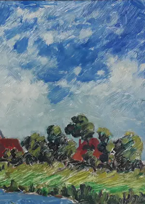 Jan Dekker - Kleurrijk landschap met dorphe aan water kopen? Bied vanaf 75!