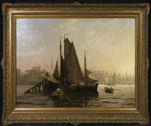 Julius Friedrich Ludwig Runge - Olieverf op doek, Schip in de haven van Hamburg - Ingelijst (groot) kopen? Bied vanaf 700!