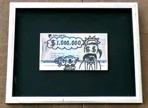 Dadara - Ingelijste tekening op cheque verkocht voor € 150!