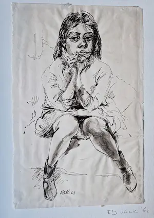 Ed Valk - Erotische oostindische Pentekening - 1962 - "Inkijk" - in passe partout kopen? Bied vanaf 28!