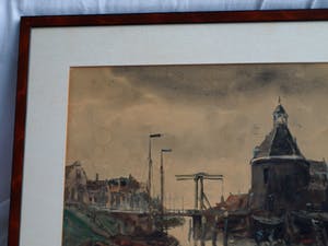 Niet of onleesbaar gesigneerd - Gouache , “Watergezicht met brug en poortgebouw” - ingelijst kopen? Bied vanaf 1!