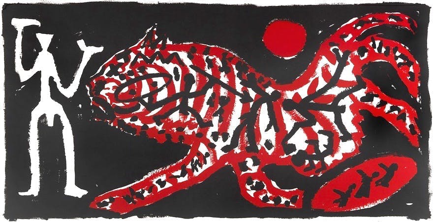 A.R. Penck - Kapitale zeefdruk, Tiger und Jäger (zeer groot) - Ingelijst kopen? Bied vanaf 1750!