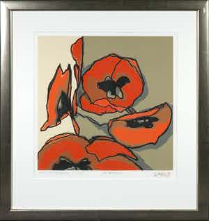 Fon Klement - Boardsnede, Les coquelicots - Ingelijst verkocht voor € 80!