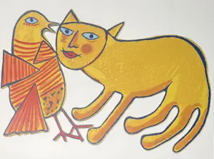 Corneille - metalen sculptuur: kat en vogel kopen? Bied vanaf 450!