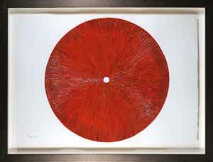 Pim Lenos - Olieverf op papier, Compositie in rood - Ingelijst (Groot) verkocht voor € 800!