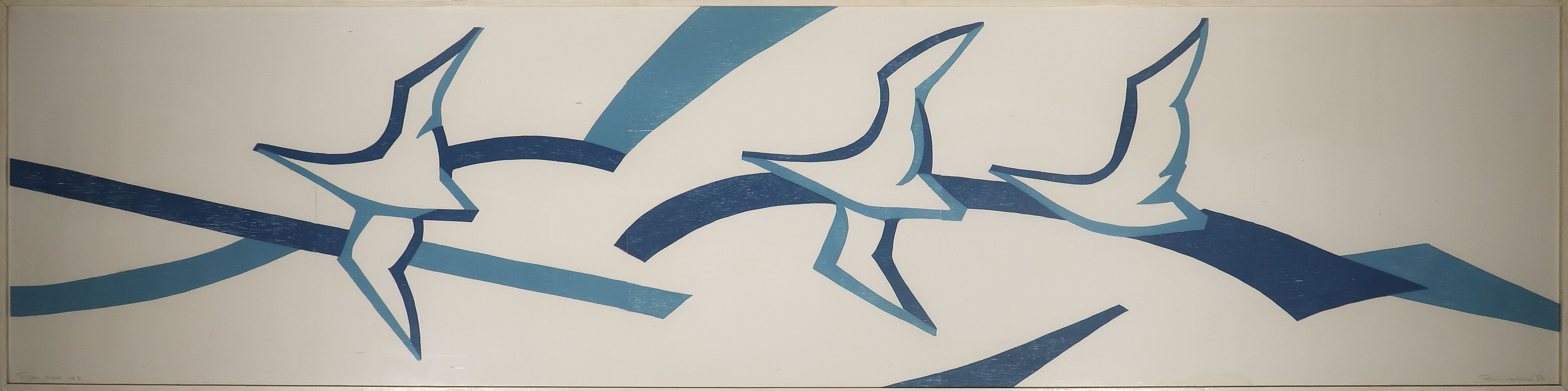 Paul Overhaus - Houtsnede, Meeuwen in de lucht - Ingelijst (Zeer groot en zwaar) kopen? Bied vanaf 70!