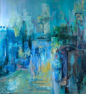 Toos van Holstein - Acryl op doek, Z.t. Blauwe stad - Ingelijst (Zeer Groot) kopen? Bied vanaf 350!