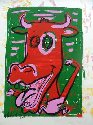 Peter Klashorst - Zeefdruk, titel. "Mad Cow Green". verkocht voor € 35!