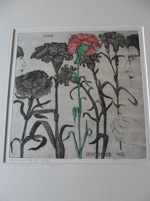 Arja van den Berg - Ingekleurde ets, Anjer kopen? Bied vanaf 20!