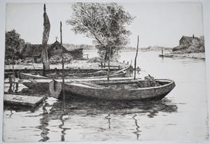 Willem Witjens - grote heldere ets - verstilde scene met vissersboten - 1929 kopen? Bied vanaf 60!